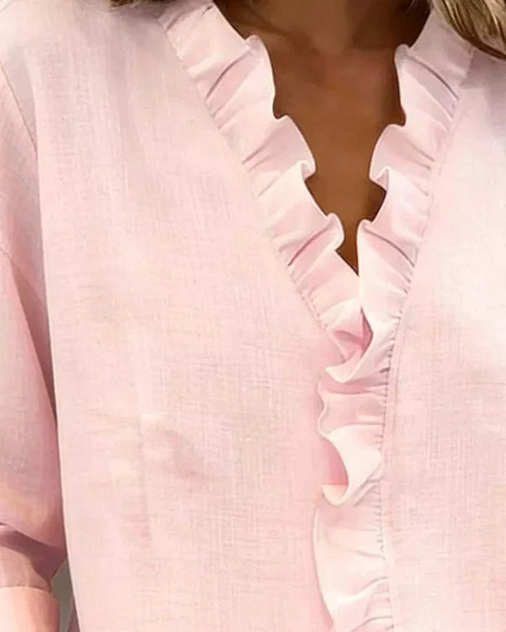Delicate Petal-Frill V-Neck Blouse