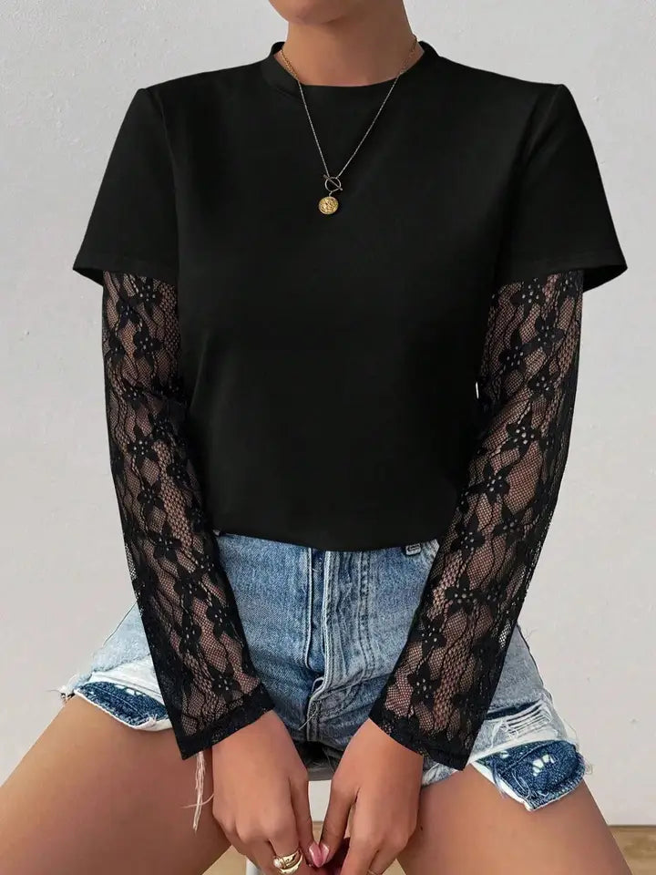 Velour-Lace Sleeve Top