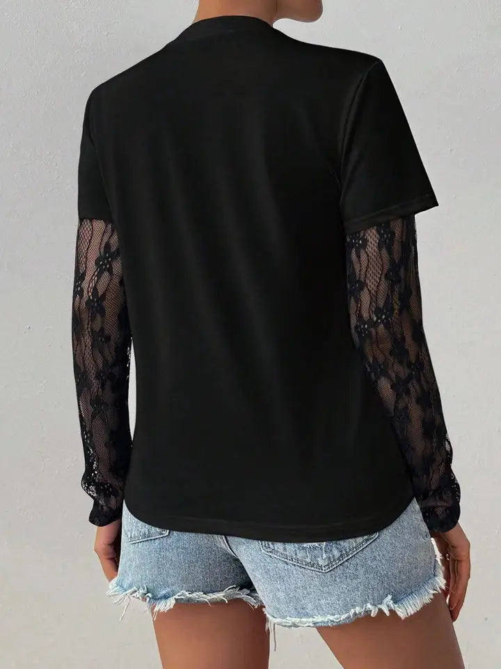 Velour-Lace Sleeve Top