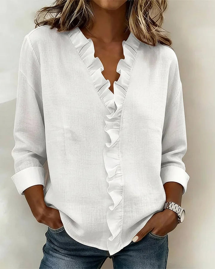 Delicate Petal-Frill V-Neck Blouse