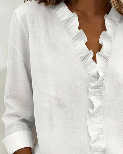 Delicate Petal-Frill V-Neck Blouse