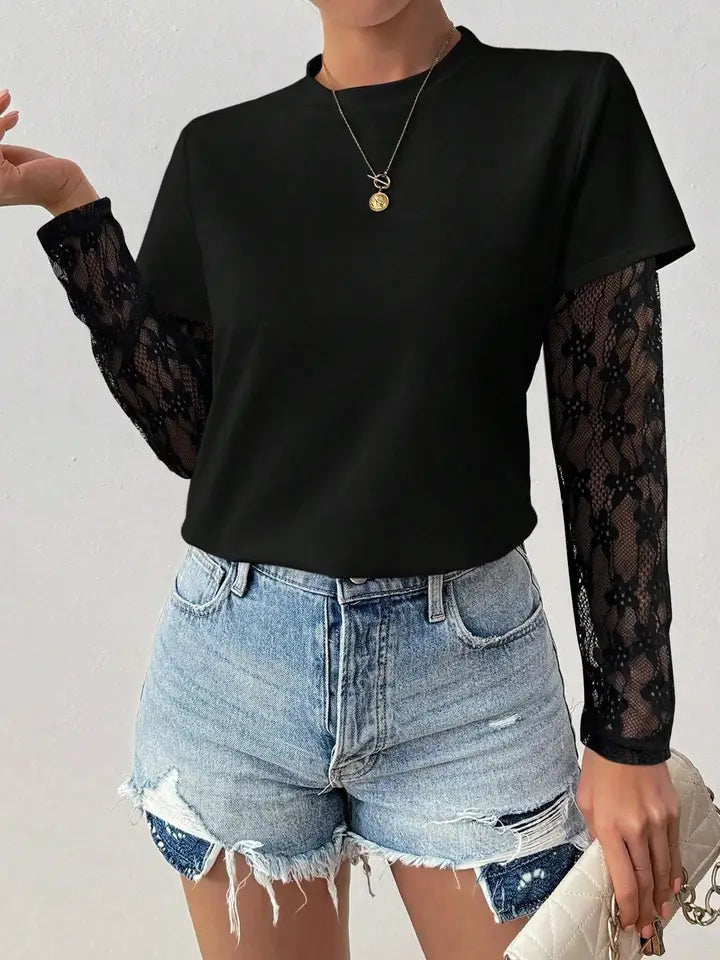 Velour-Lace Sleeve Top