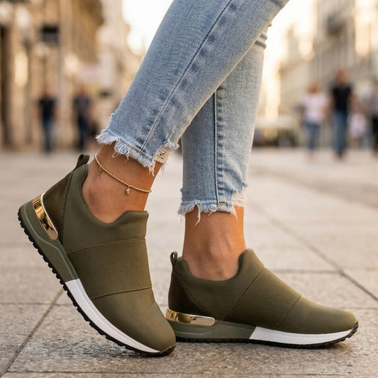 Olive Gilt Slip-On Sports Trainer – Sleek, Effortless Comfort