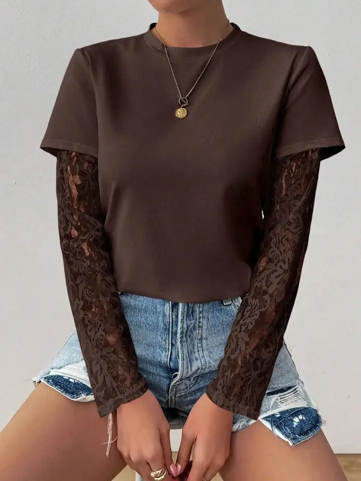 Velour-Lace Sleeve Top