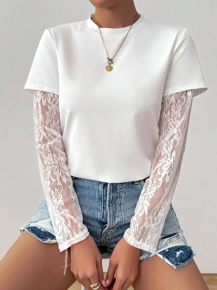 Velour-Lace Sleeve Top