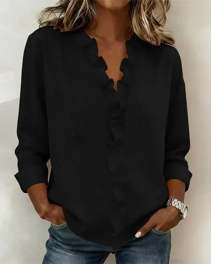 Delicate Petal-Frill V-Neck Blouse