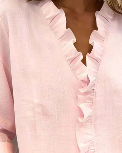 Delicate Petal-Frill V-Neck Blouse