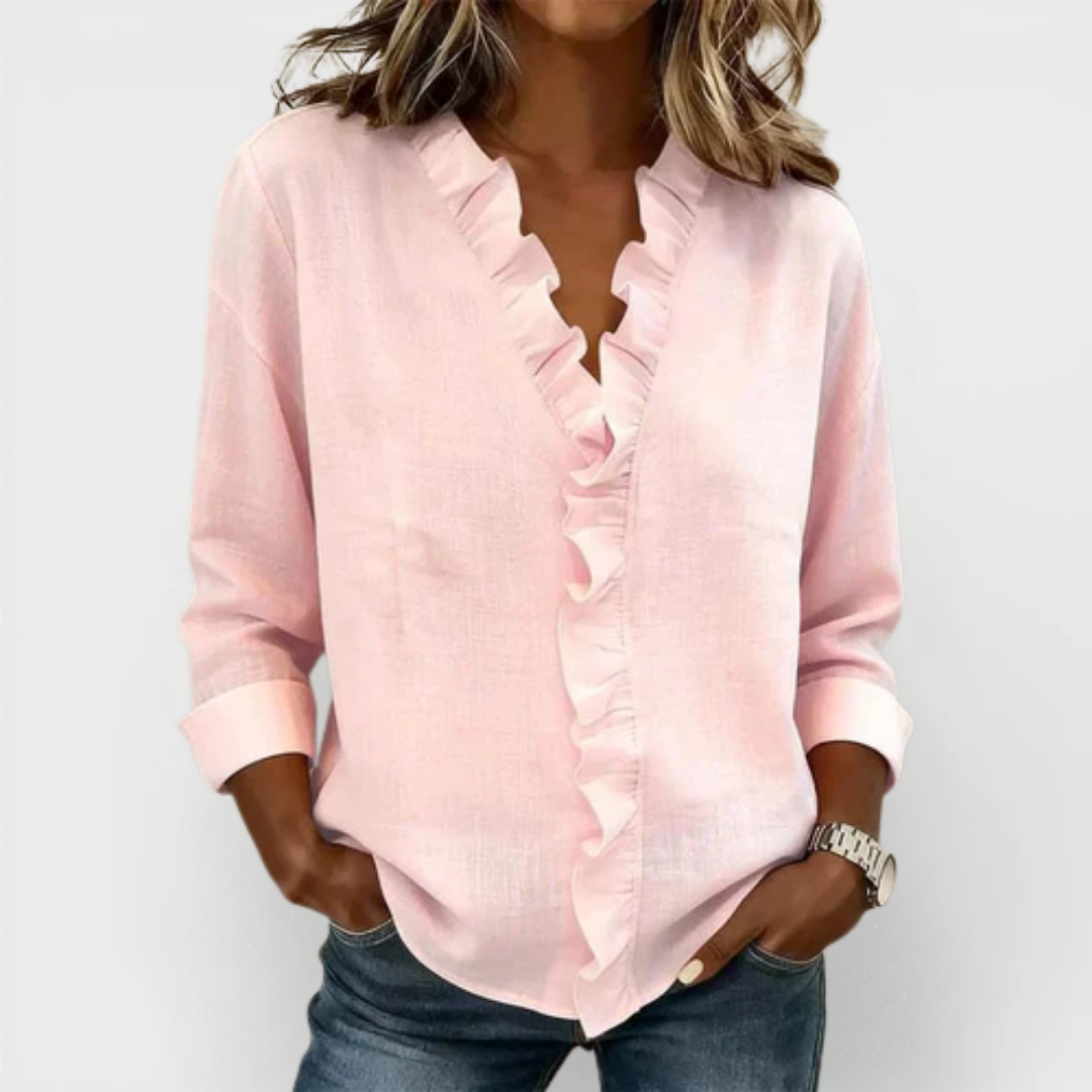 Delicate Petal-Frill V-Neck Blouse