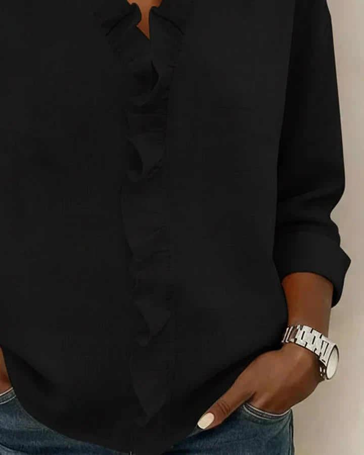 Delicate Petal-Frill V-Neck Blouse